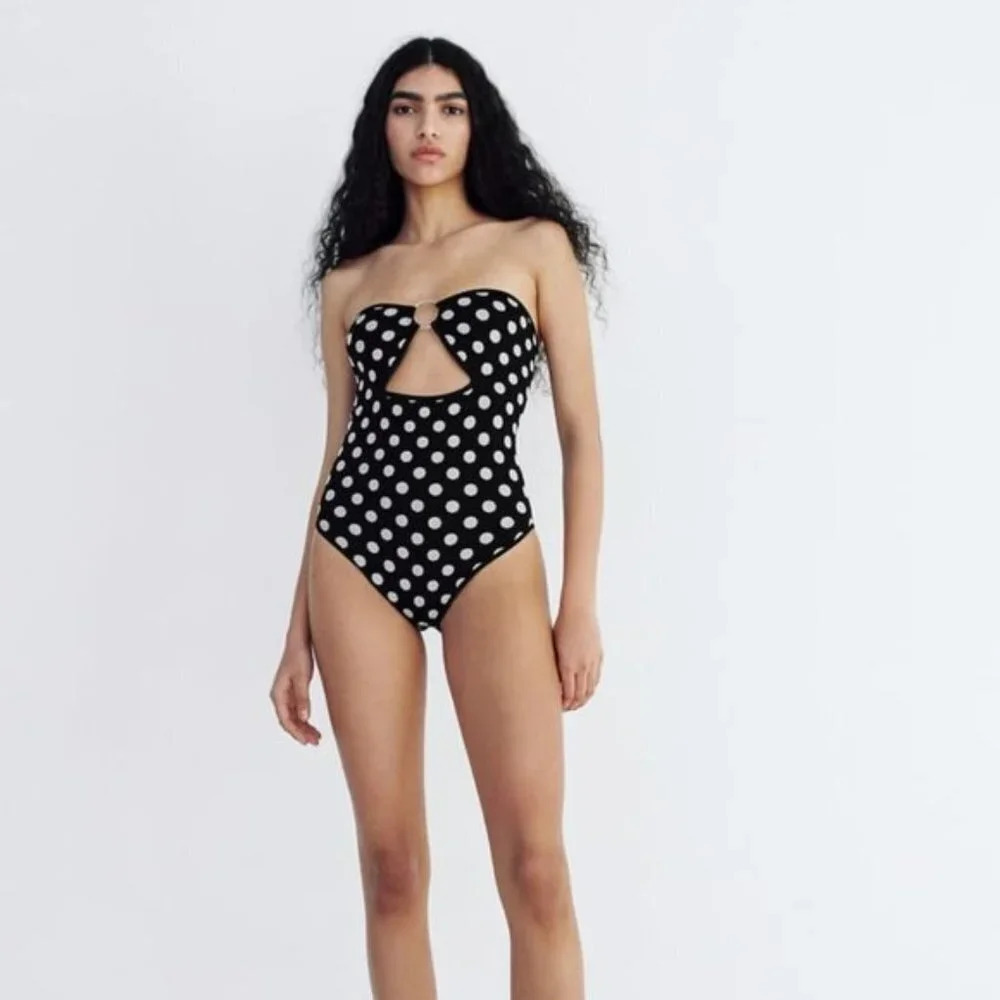 Zara Polka Dot Ring Detail Strapless Bodysuit Black White XS/S - Picture 3 of 7